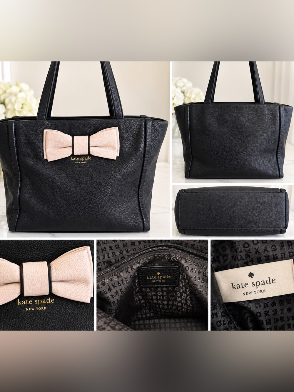 Rare Kate Spade New York Black Pebbled Leather Tote Blush Pink Bow Shoulder Bag